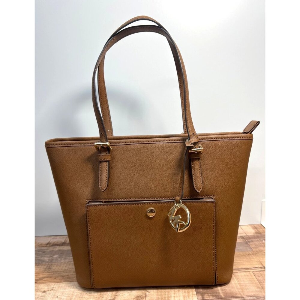 Michael Kors Jet Set Saffiano Leather Tote Bag Brown With Gold Hardware